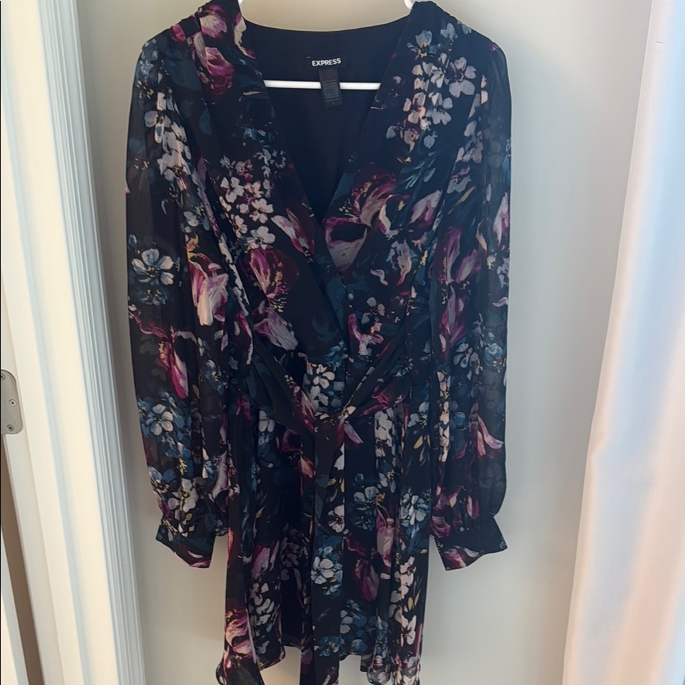 Express Black and Purple Floral Long Sleeve Dress
